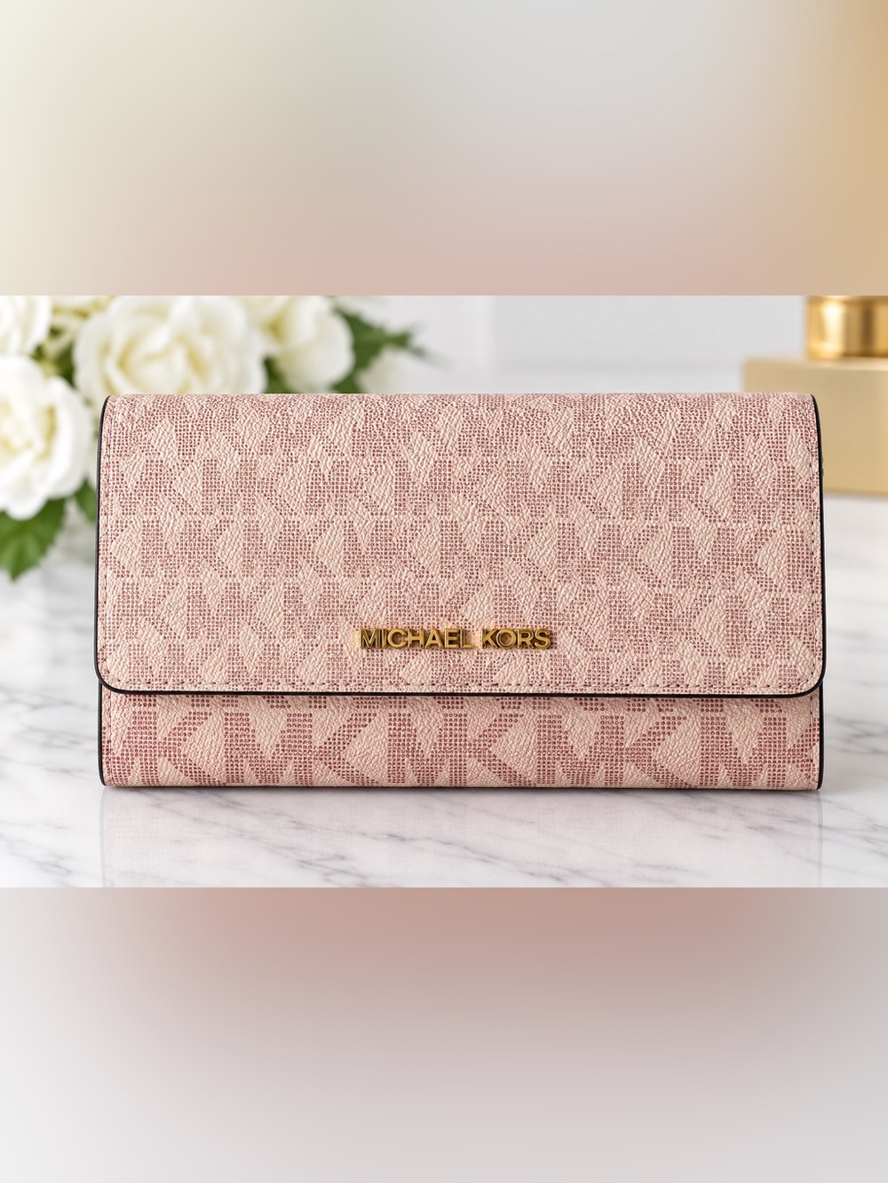 NWT Michael Kors Jet Set Large Trifold Wallet Powder Blush MK Logo